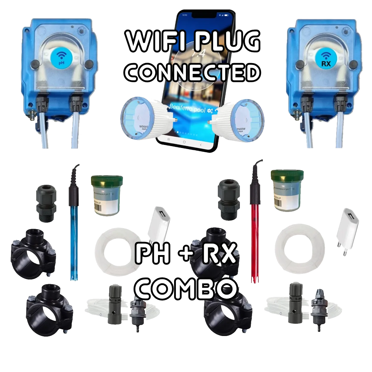 Bombas dosificadoras WiFiPOOL UNO-P pH + RX | kit de instalación completo | piscina hasta 150m³