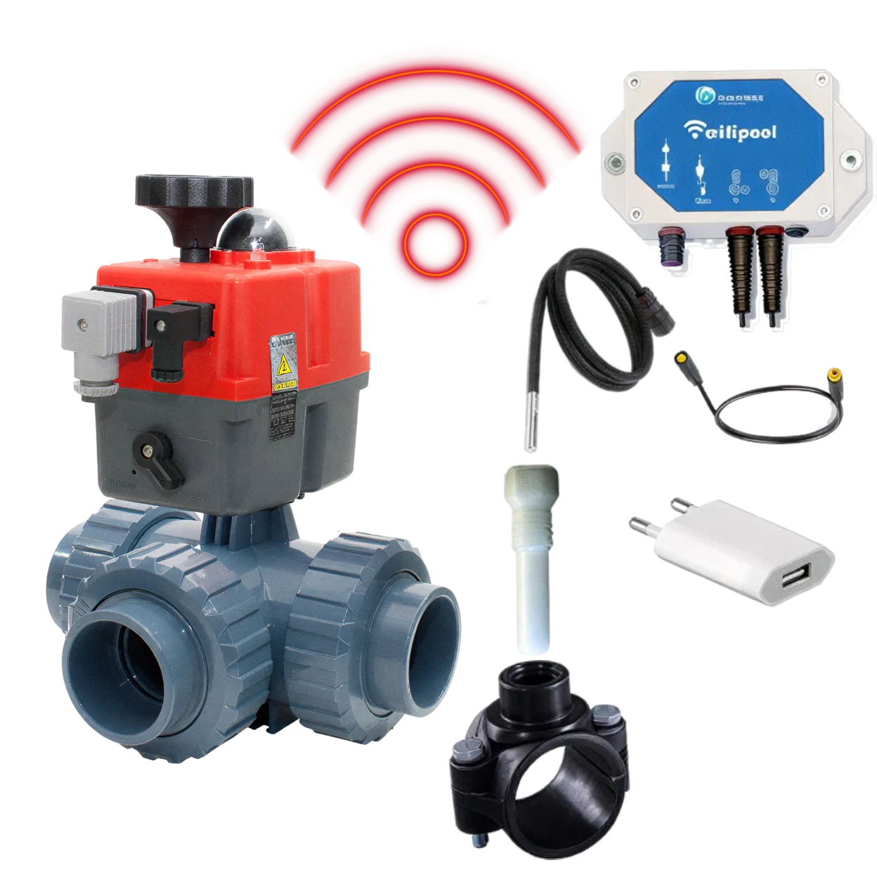 Válvula automática de 3 vías WIFI 50 mm, perforación en L, con módulo de control de temperatura TLF y sensores de temperatura (1 y 3 m) - kit de autoensamblaje HIDRO plug & play