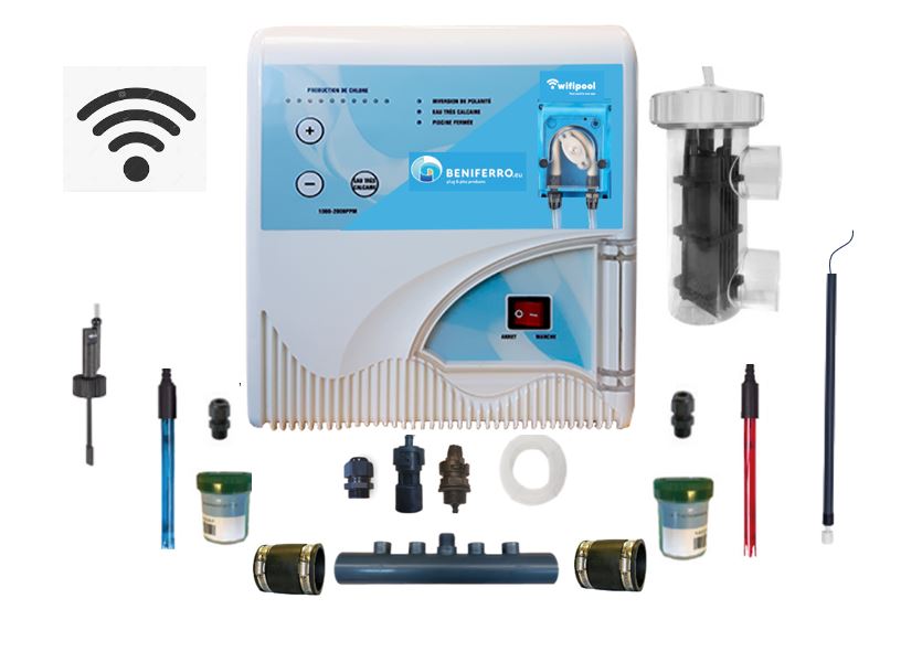Eletrólise de sal com baixo teor de sal (LS) Controlo do pH e do cloro - kit de auto-montagem para piscinas de 30m³ a 125m³