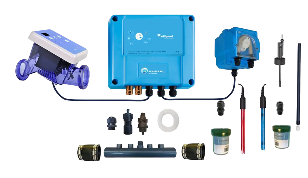 Kit de electrólisis salina SR para automontaje con control de pH, RX  - piscina hasta 150m³ - Wi-Fi | Pantalla - Control caudal/nivel opcional