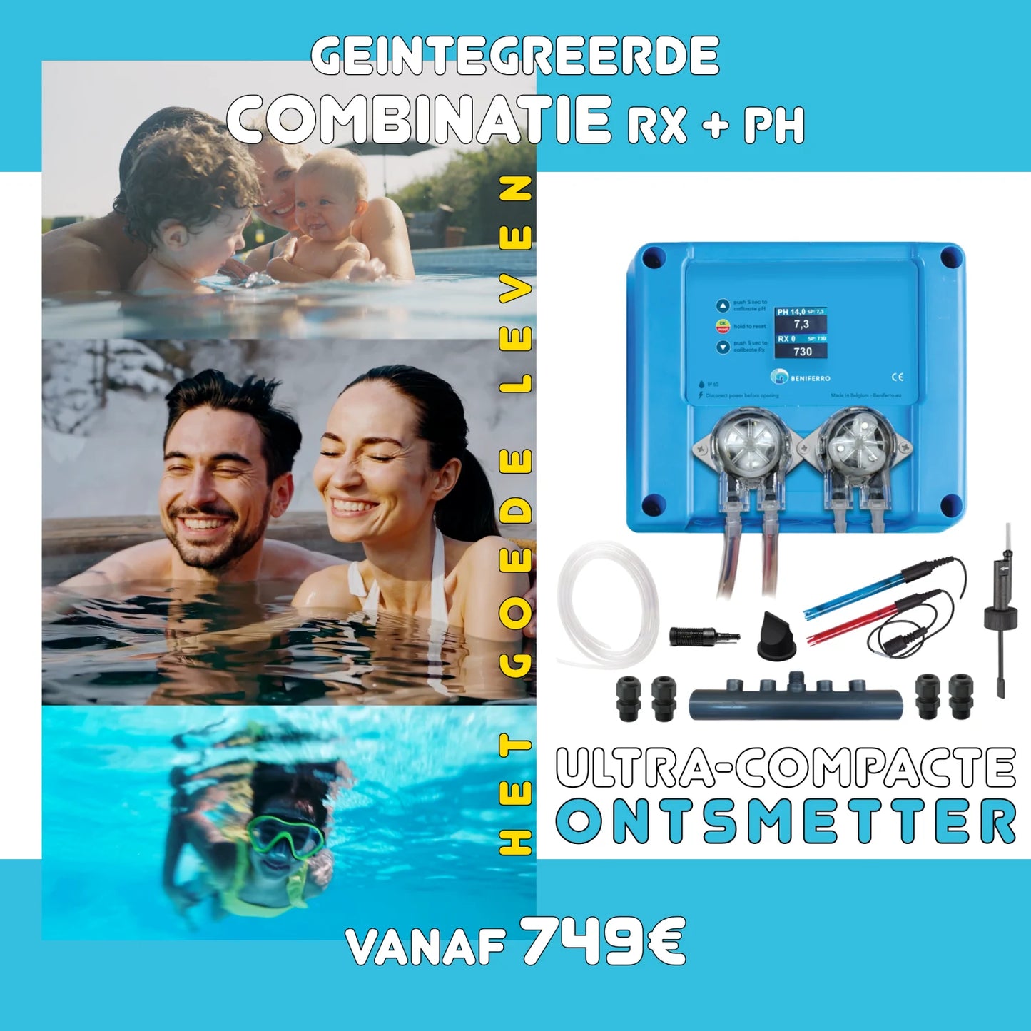 Dosificador líquido pH y cloro 12V compacto  "Pool TWIN COMBO"  - kit automontaje  - piscina/spa de 1 a 150m³