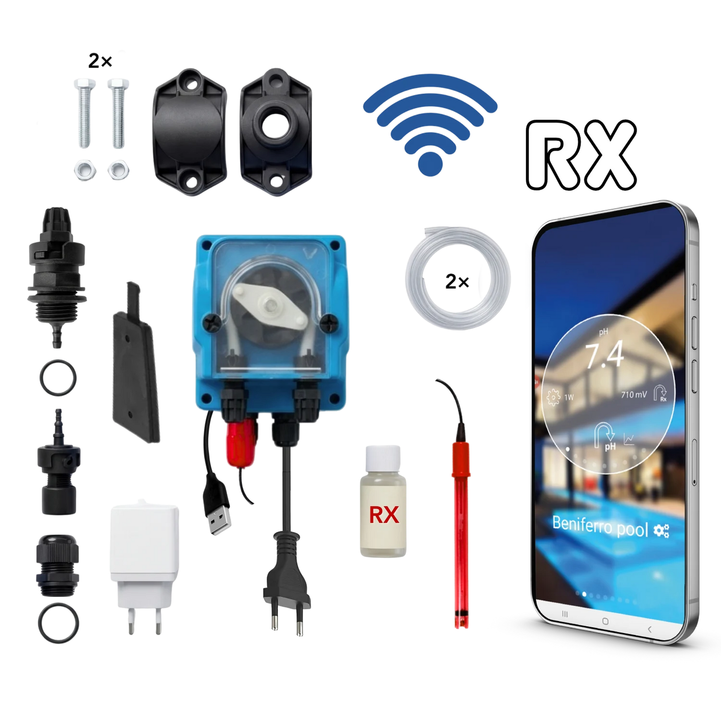 WiFiPOOL UNO RX Pompa dosatrice di cloro - kit di installazione completo - piscina fino a 150 m³