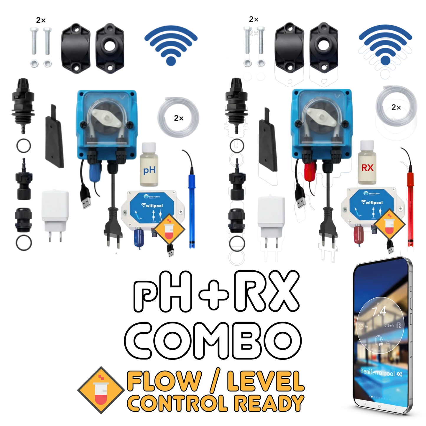 Bombas doseadoras pH + RX WiFiPOOL UNO  | kit de instalação completo | piscina até 150m³