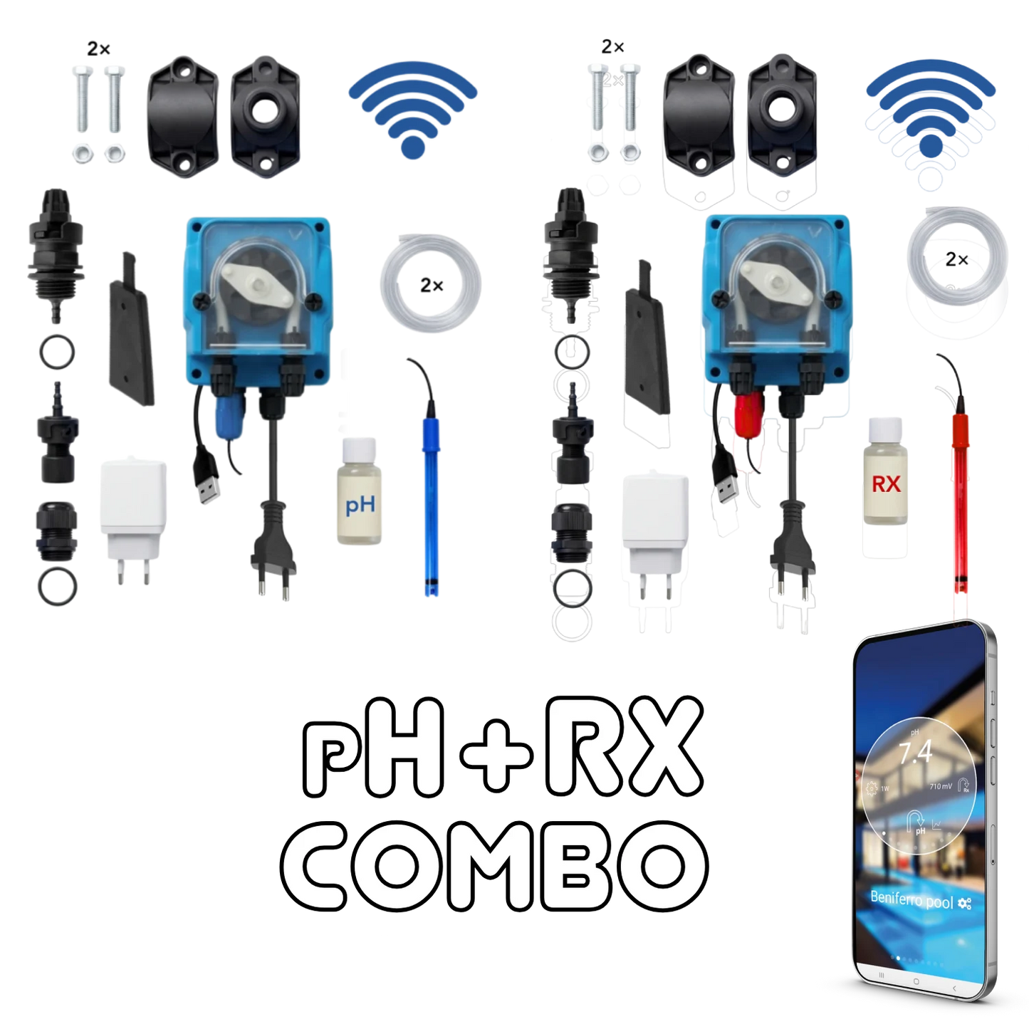 Bombas dosificadoras WiFiPOOL UNO pH + RX | kit de instalación completo | piscina hasta 150m³
