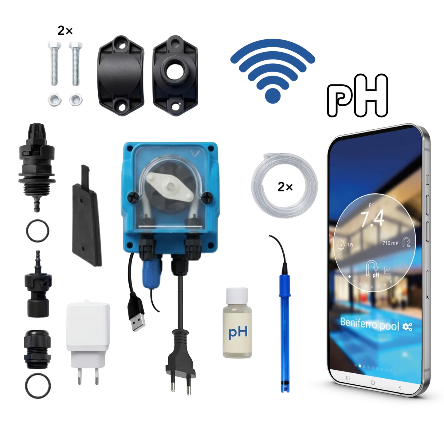 Bomba peristáltica pH de pilotaje por WiFiPOOL UNO - kit completo - piscina hasta 150m³