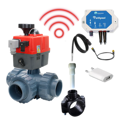 Válvula automática de 3 vías WIFI 50 mm, perforación en L, con módulo de control de temperatura TLF y sensores de temperatura (1 y 3 m) - kit de autoensamblaje HIDRO plug & play
