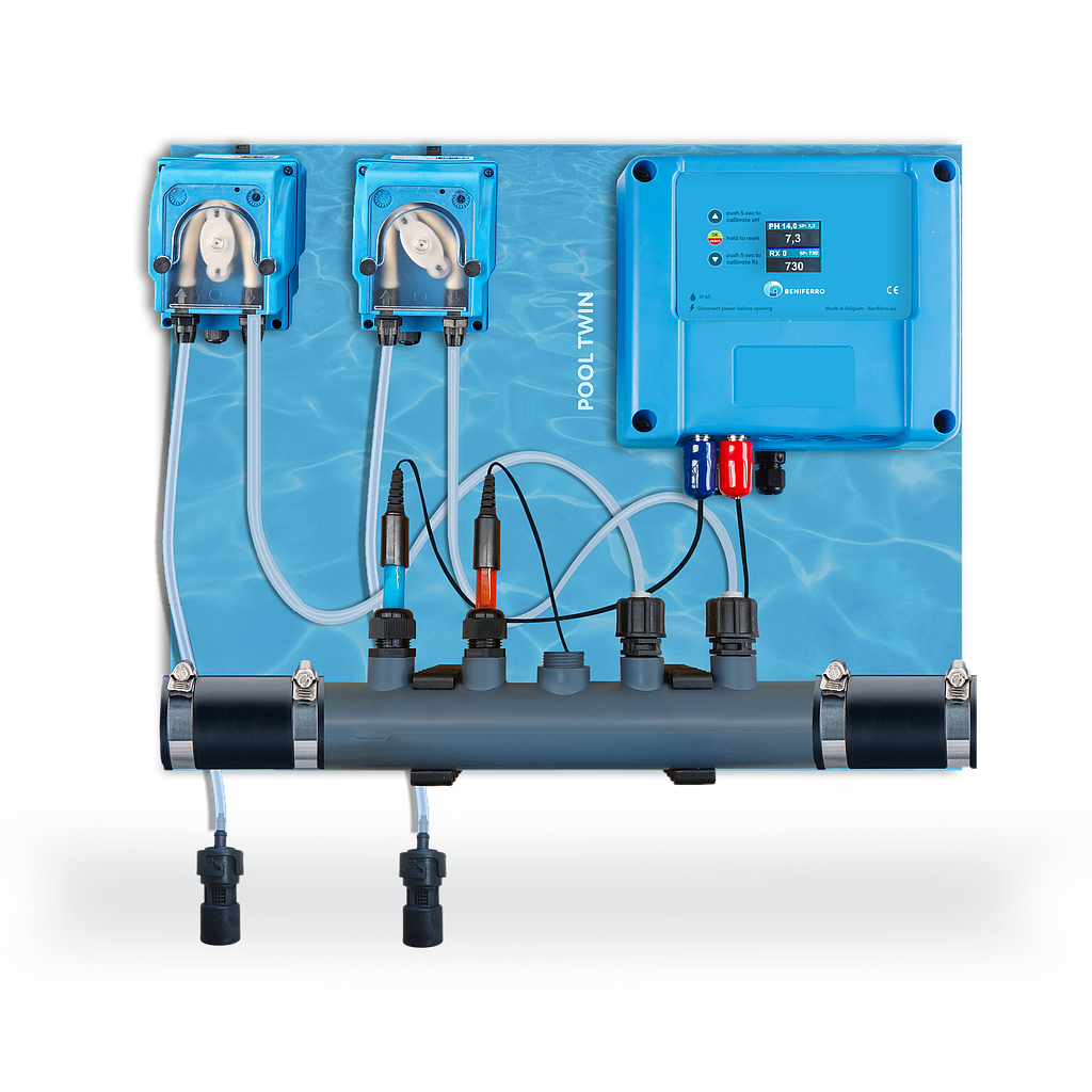Dosatore liquido per la regolazione del pH e del cloro liquido - premontato su piastra  per piscine da 10 a 150 m³