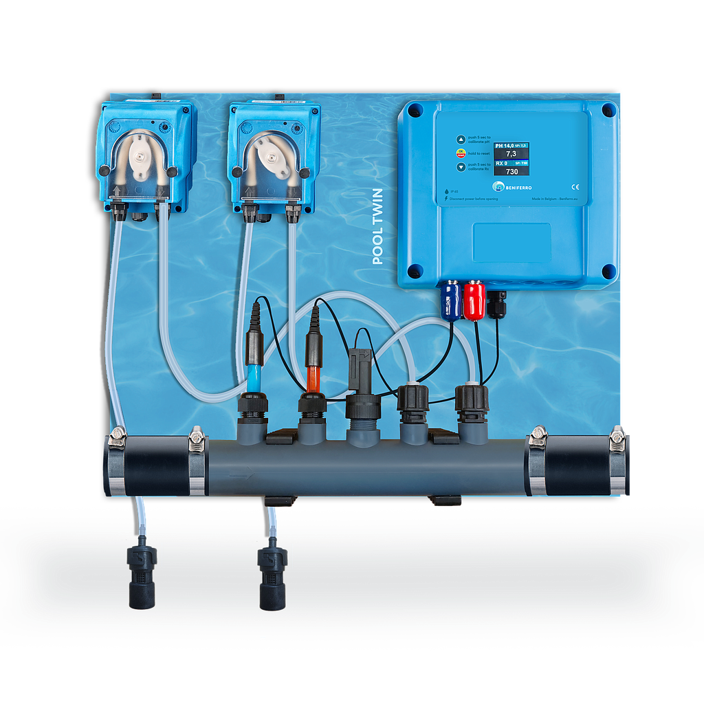 Dosatore liquido per la regolazione del pH e del cloro liquido - premontato su piastra  per piscine da 10 a 150 m³