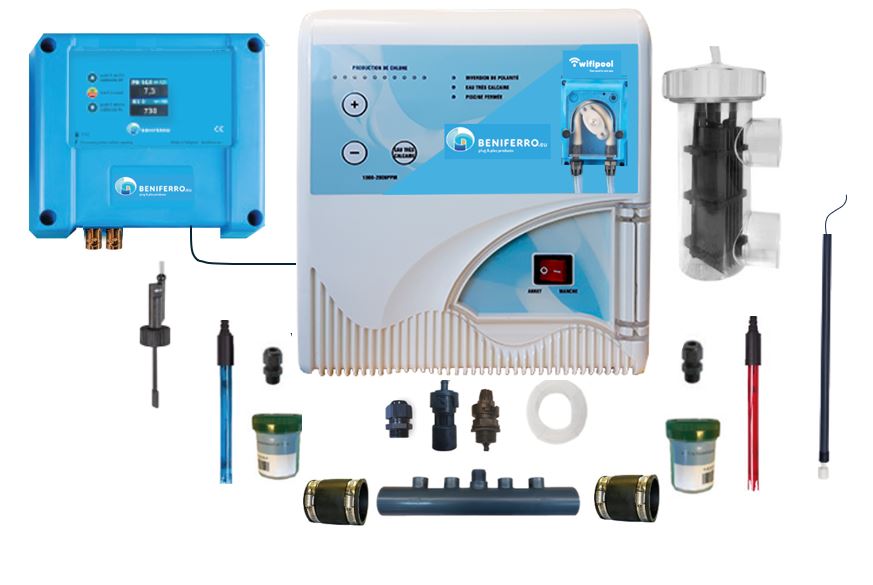 Eletrólise de sal com baixo teor de sal (LS) Controlo do pH e do cloro - kit de auto-montagem para piscinas de 30m³ a 125m³