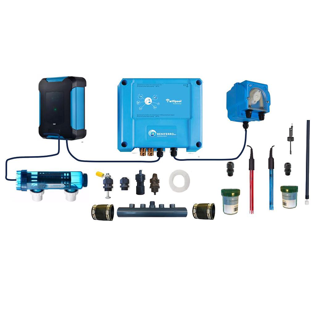 Gerador de cloro em titânio (SQ) Controlo do pH e do cloro - kit de auto-montagem  para piscinas até 210 m³