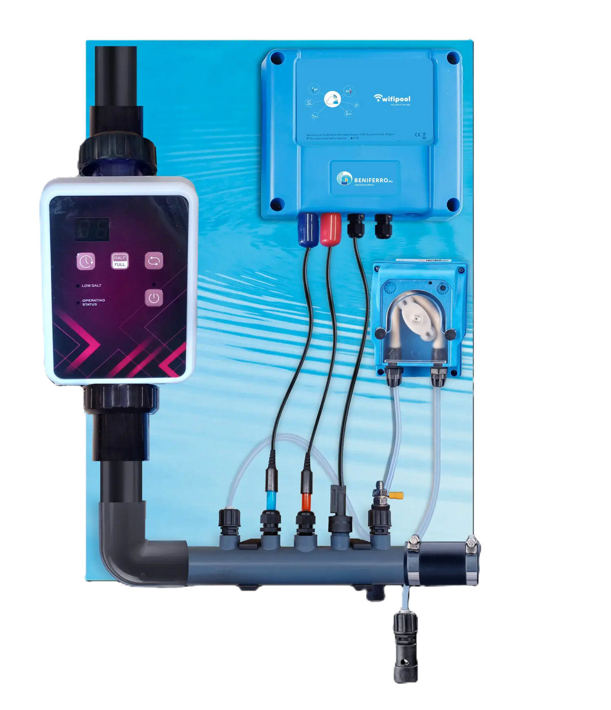 Electrólisis salina SR premontado con control de pH, RX  - piscinas de hasta 150 m³ - Wi-Fi | Pantalla - Control de caudal/nivel opcional